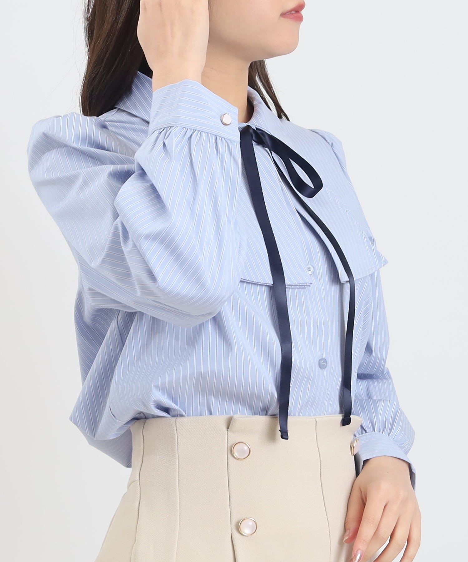 サックス×ストライプ　model：156　着用サイズ：S