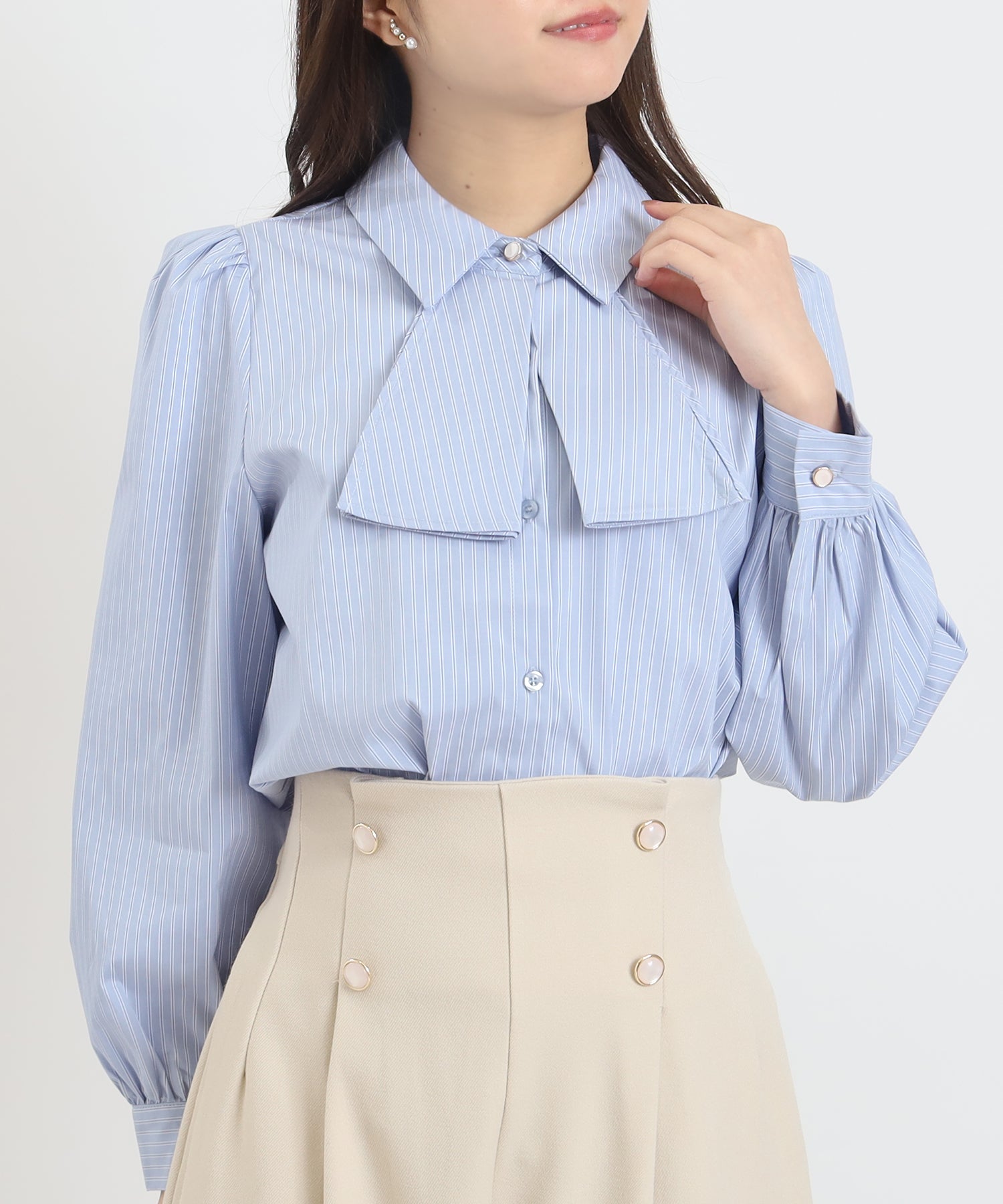 サックス×ストライプ　model：156　着用サイズ：S