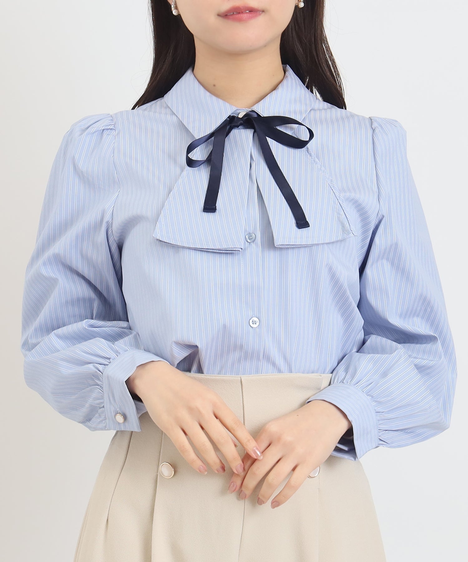 サックス×ストライプ　model：156　着用サイズ：S