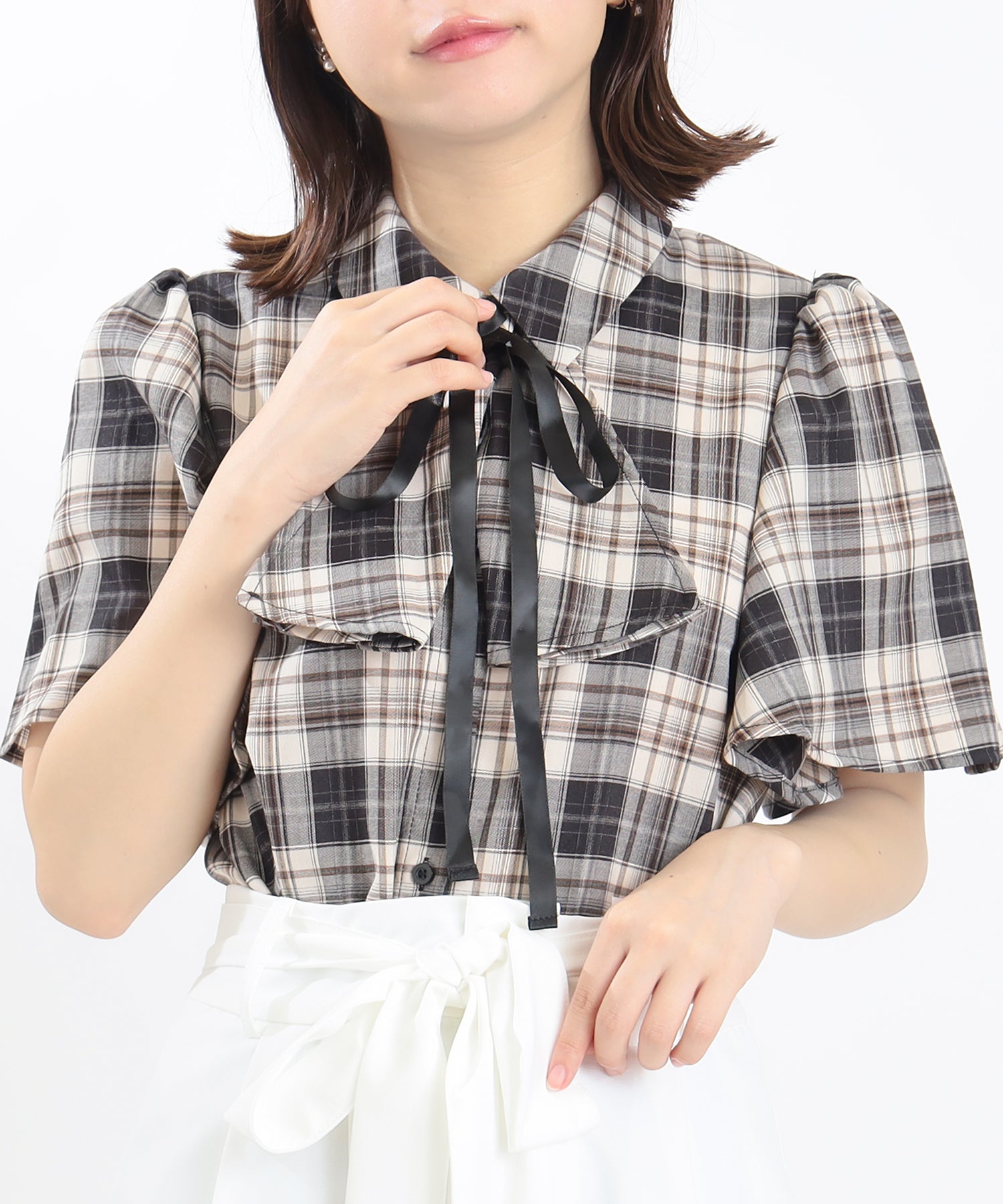 OHGAボウタイブラウス　チェック フリル2WAYボウタイチェックブラウス