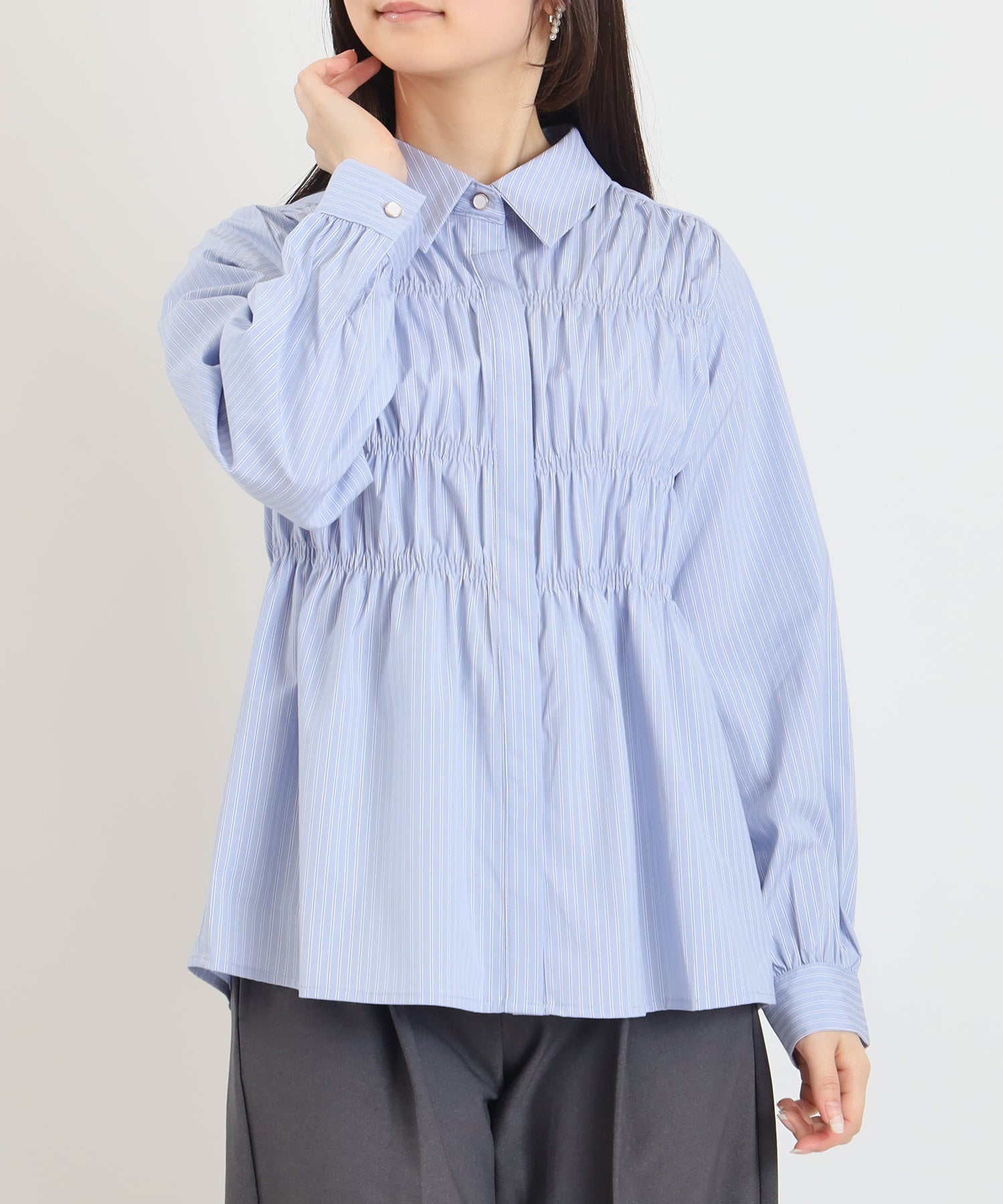 サックス(ストライプ)　model：160　着用サイズ：M