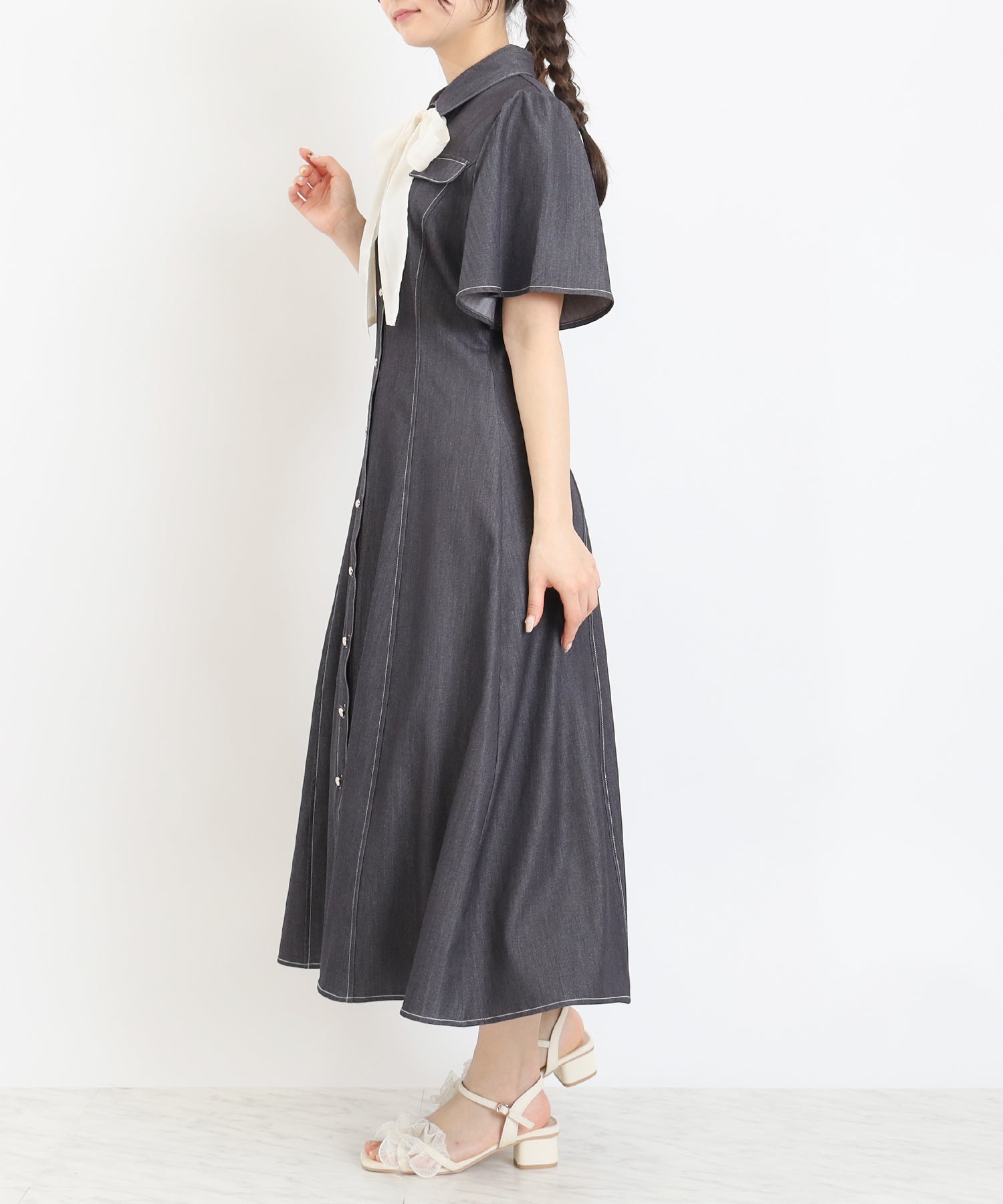 配色リボンデニム風ワンピース