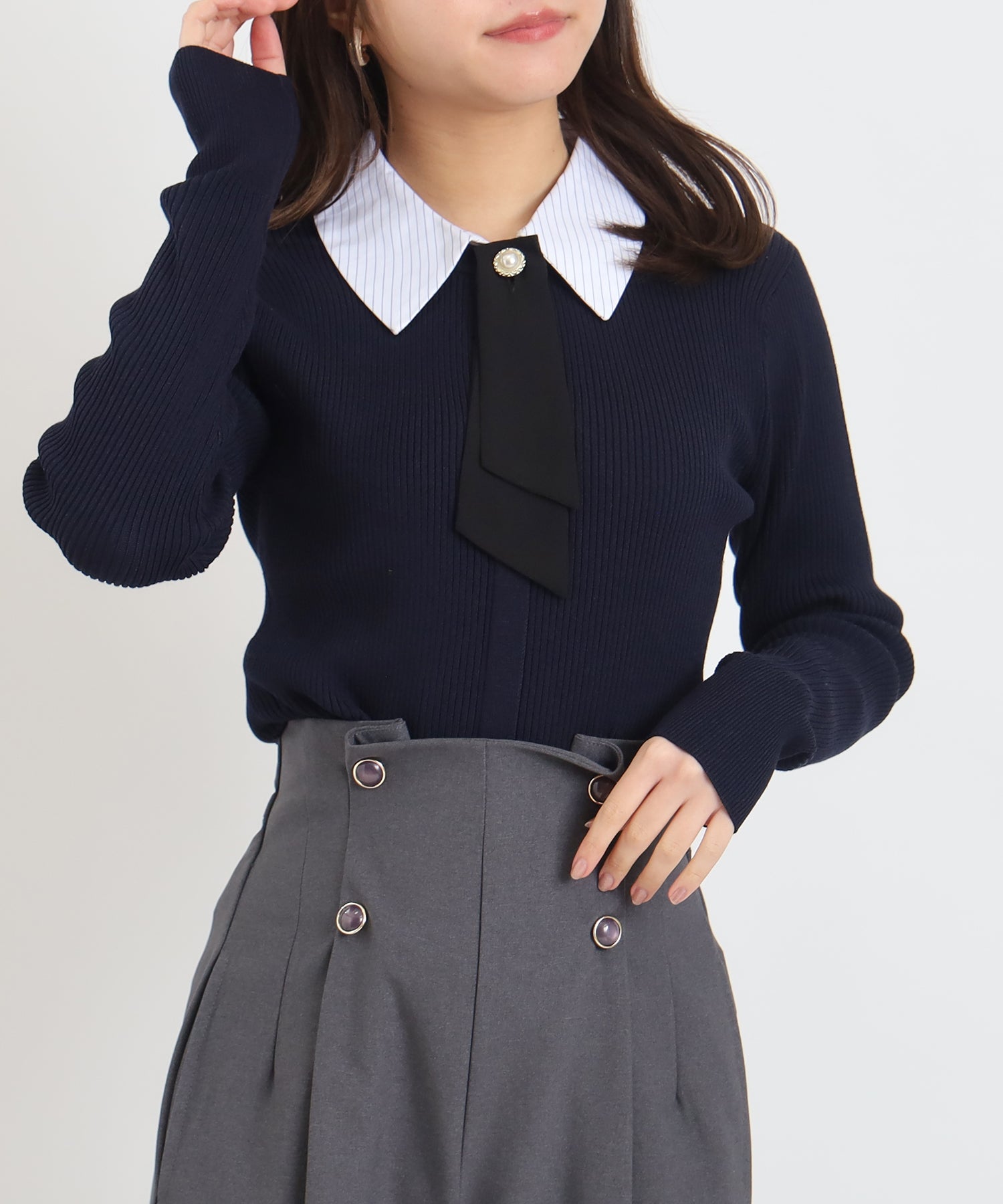 ネイビー(襟ホワイト×ブルー)　model：156cm 着用サイズ：M