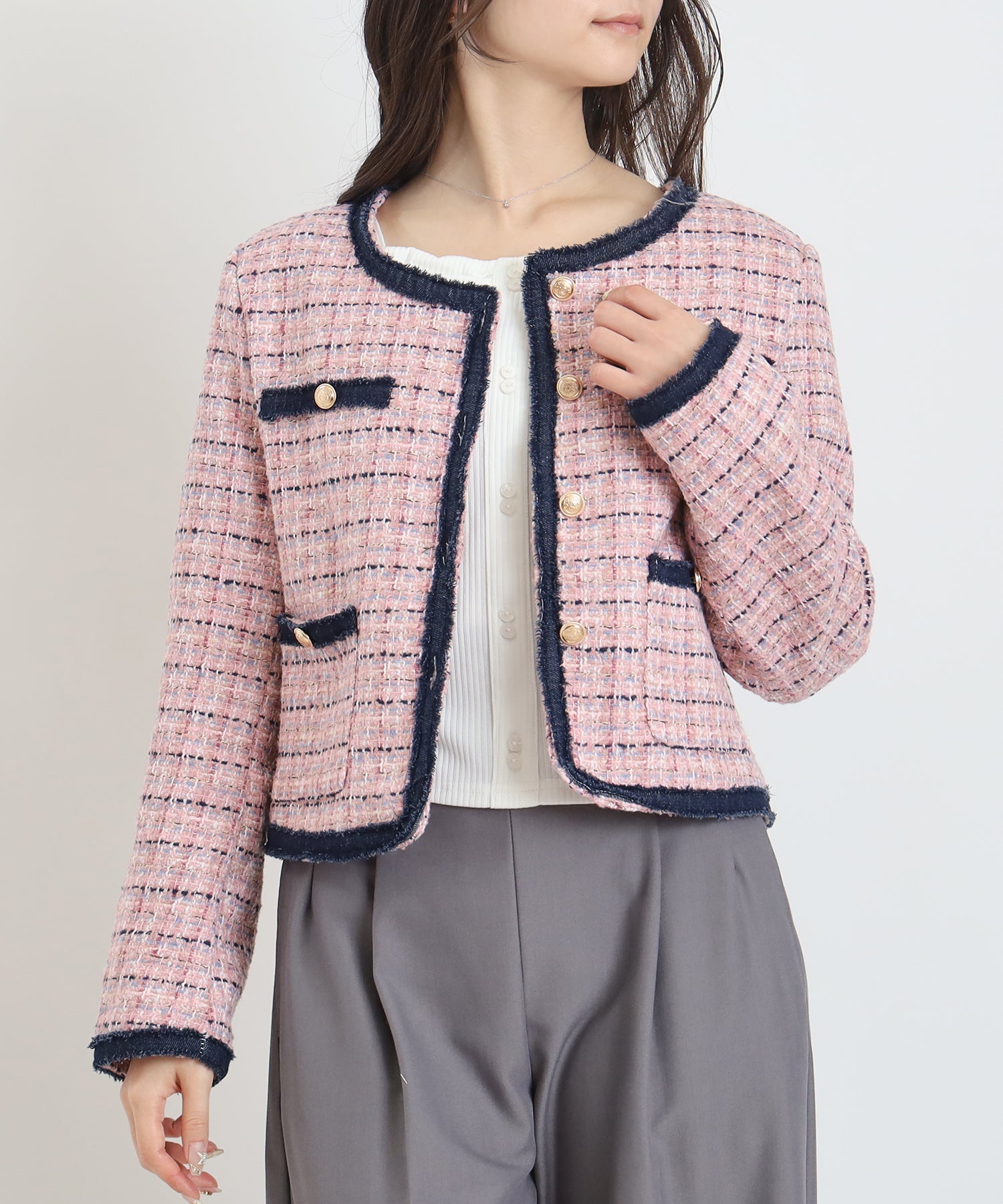 デニムトリムツイードジャケット