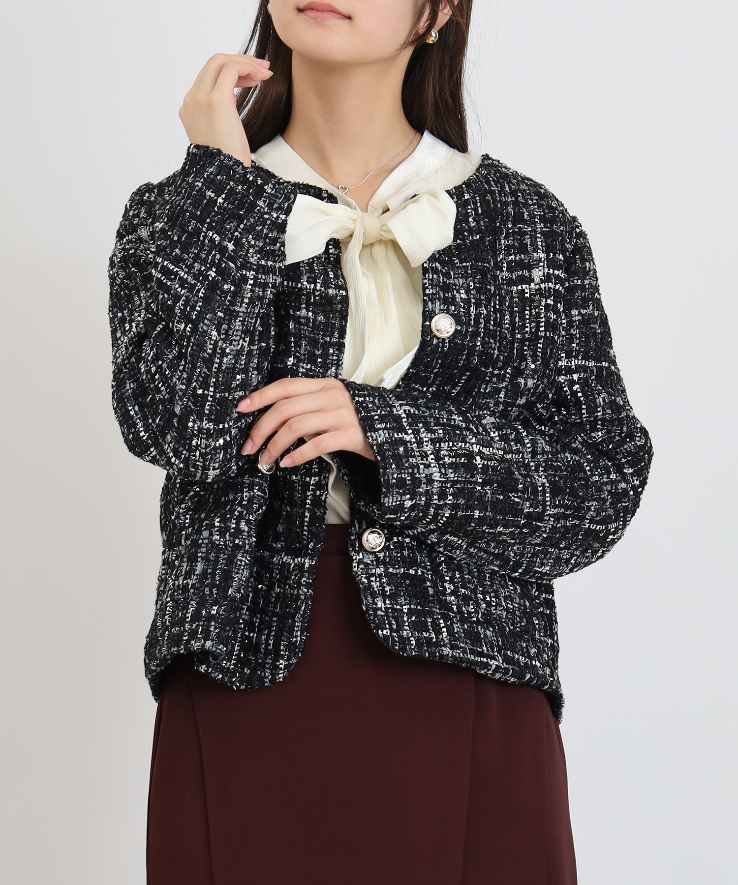 【美品】セオリー　ノーカラージャケット　ツイード　REVEUR XL ブラック ツイードノーカラージャケット