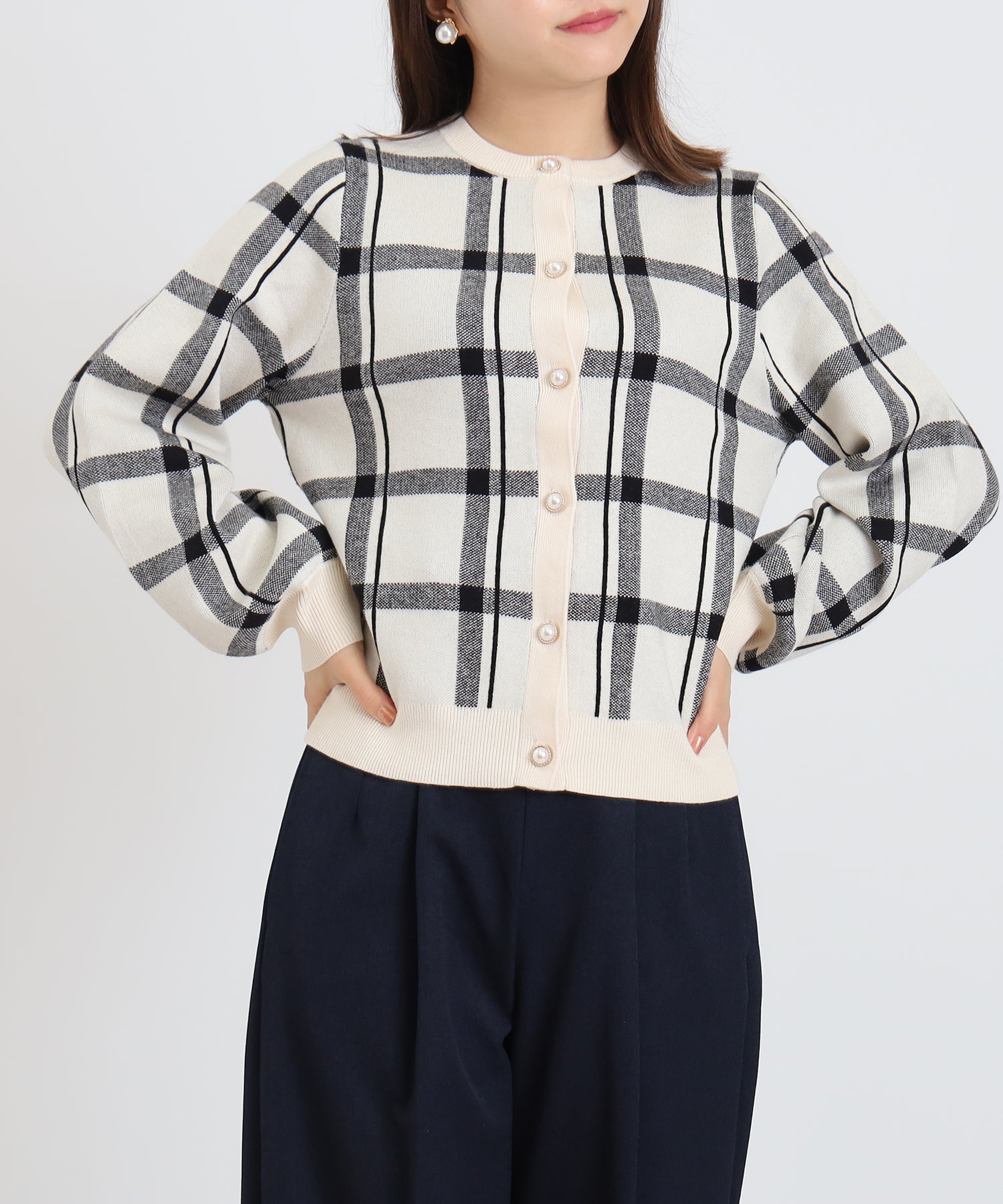 ホワイト チェック柄 ニットカーディガン
