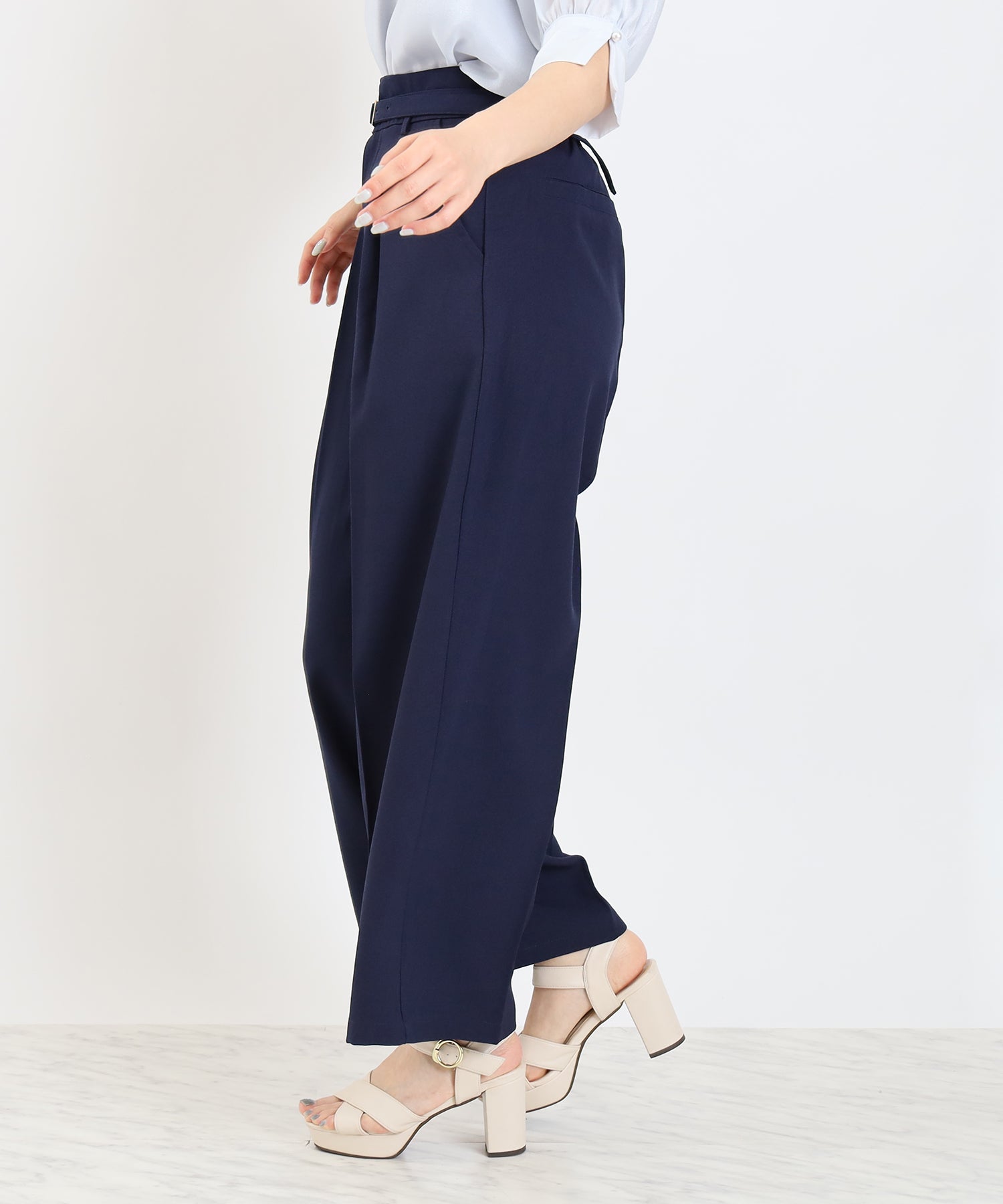 Y's ワイズ 2019SS ベロア サルエルワイドパンツ ネイビー NEW】ベルト付きワイドパンツ