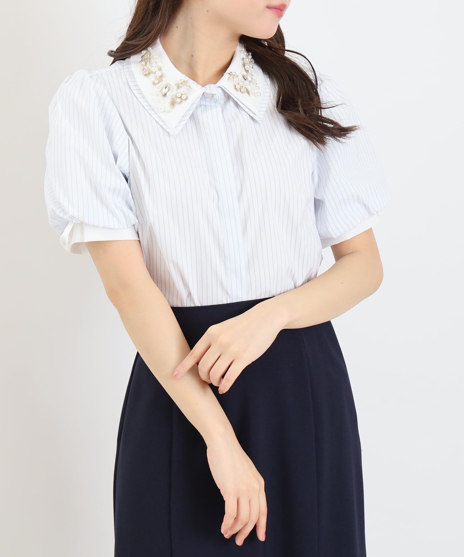 ホワイト×ブルー(ストライプ)　model：156　着用サイズ：M