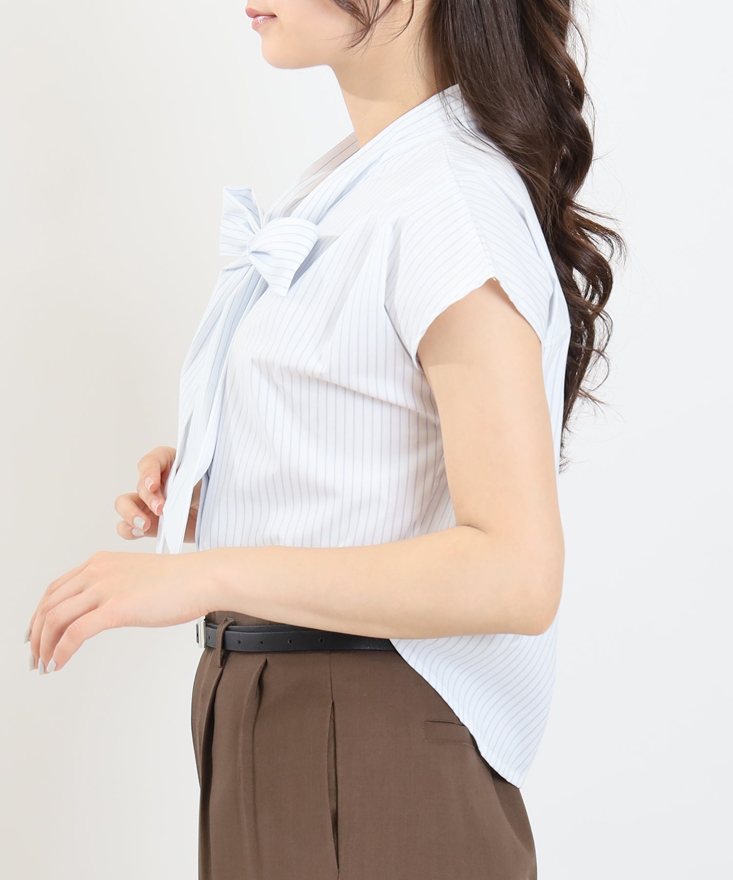 現行同型✨セオリー ジョーゼットボウタイブラウス リボン ホワイト とろみ 比翼 NEW】ボウタイリボン比翼シャツブラウス(ドット/ストライプ/無地)