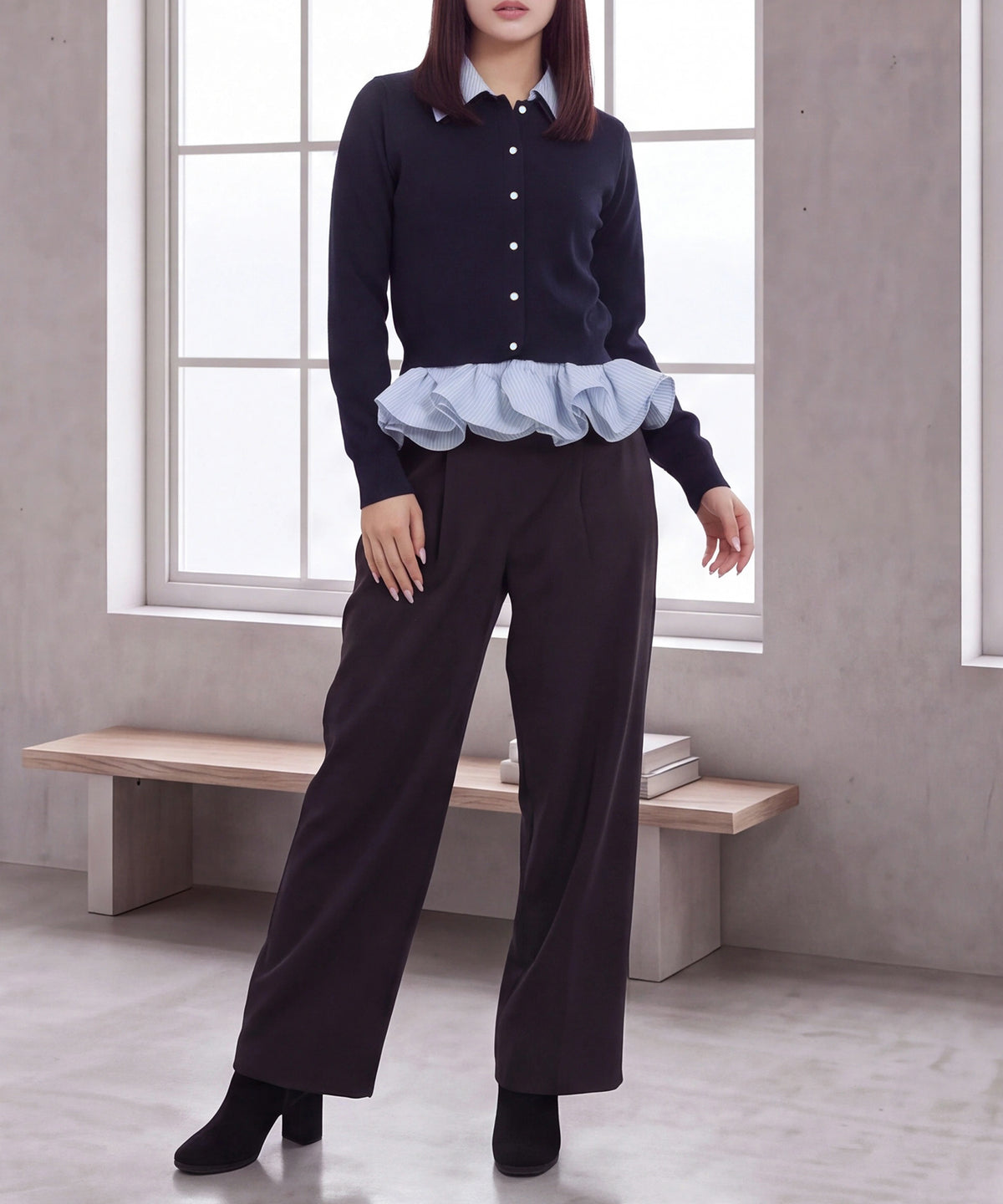 サックス(ストライプ) model:160cm 着用サイズ: M (AI画像)